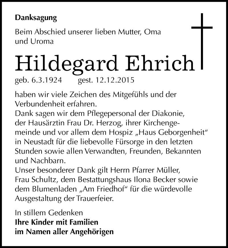  Traueranzeige für Hildegard Ehrich vom 12.01.2016 aus Mitteldeutsche Zeitung Sangerhausen