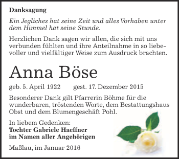 Traueranzeige von Anna Böse von Super Sonntag Merseburg