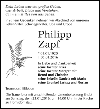 Traueranzeige von Philipp Zapf von Mitteldeutsche Zeitung Naumburg/Nebra