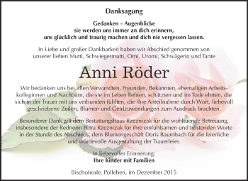 Traueranzeige von Anni Röder von Super Sonntag SGH Mansf. Land