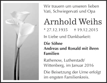Traueranzeige von Arnhold Weihs von Super Sonntag Wittenberg