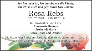 Traueranzeige von Rosa Rebs von WVG - Wochenspiegel Dessau / Köthen