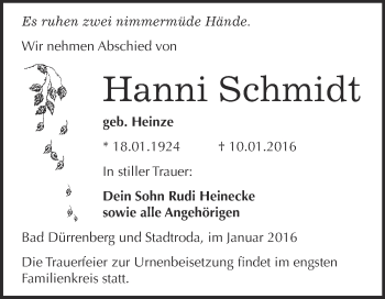 Traueranzeige von Hanni Schmidt von Super Sonntag Merseburg