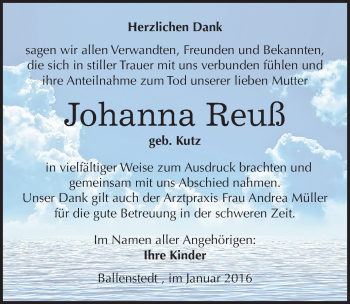 Traueranzeige von Johanna Reuß von Mitteldeutsche Zeitung Quedlinburg