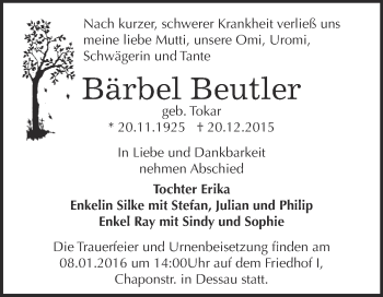Traueranzeige von Bärbel Beutler von WVG - Wochenspiegel Dessau / Köthen
