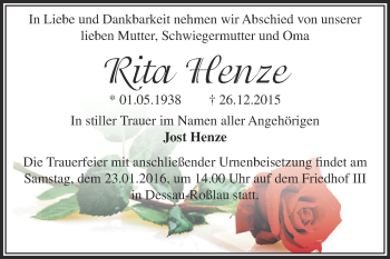 Traueranzeige von Rita Henze von WVG - Wochenspiegel Dessau / Köthen