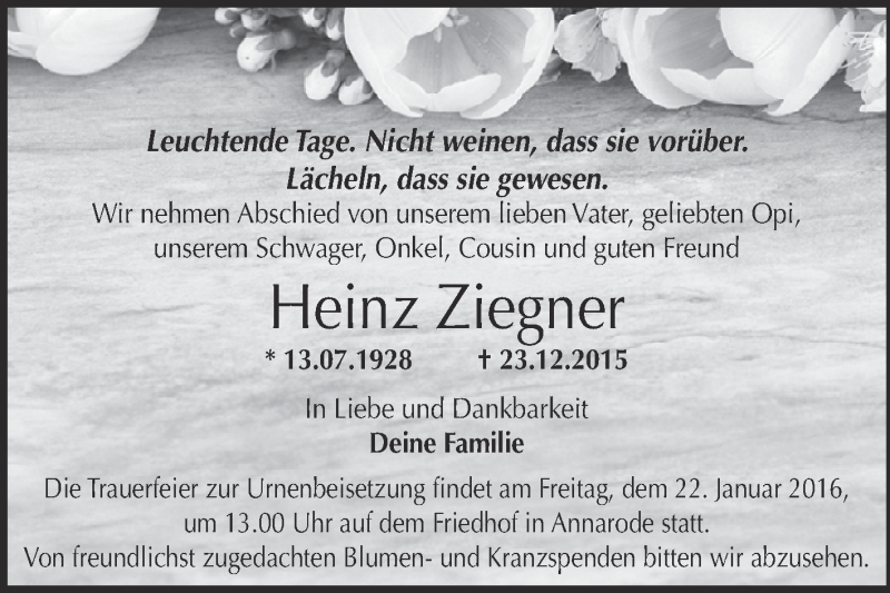  Traueranzeige für Heinz Ziegner vom 06.01.2016 aus Wochenspiegel Mansfelder Land