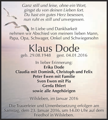 Traueranzeige von Klaus Dode von Super Sonntag Aschersleben