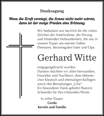 Traueranzeige von Gerhard Witte von WVG - Wochenspiegel Dessau / Köthen