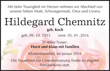 Traueranzeige von Hildegard Chemnitz von Mitteldeutsche Zeitung Mansfelder Land