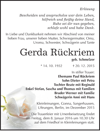 Traueranzeige von Gerda Rückriem von Mitteldeutsche Zeitung Sangerhausen