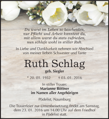 Traueranzeige von Ruth Schlag von Mitteldeutsche Zeitung Naumburg/Nebra
