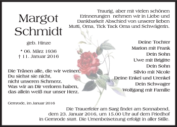 Traueranzeige von Margot Schmidt von Mitteldeutsche Zeitung Quedlinburg