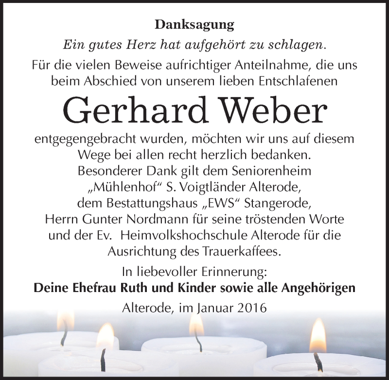  Traueranzeige für Gerhard Weber vom 08.01.2016 aus Mitteldeutsche Zeitung Mansfelder Land