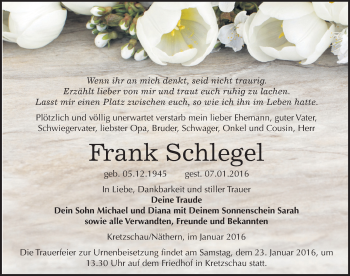 Traueranzeige von Frank Schlegel von Mitteldeutsche Zeitung Zeitz