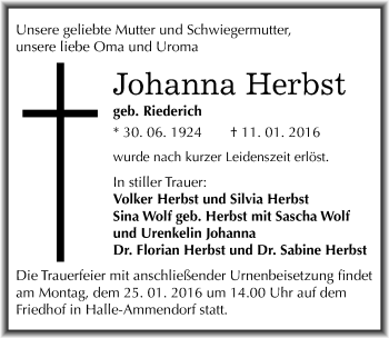 Traueranzeige von Johanna Herbst von Mitteldeutsche Zeitung Halle/Saalkreis
