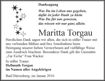 Traueranzeige von Maritta Torgau von Super Sonntag Merseburg