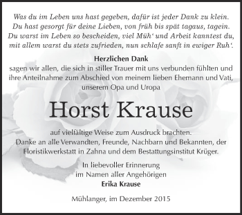 Traueranzeige von Horst Krause von WVG - Wochenspiegel Wittenberg