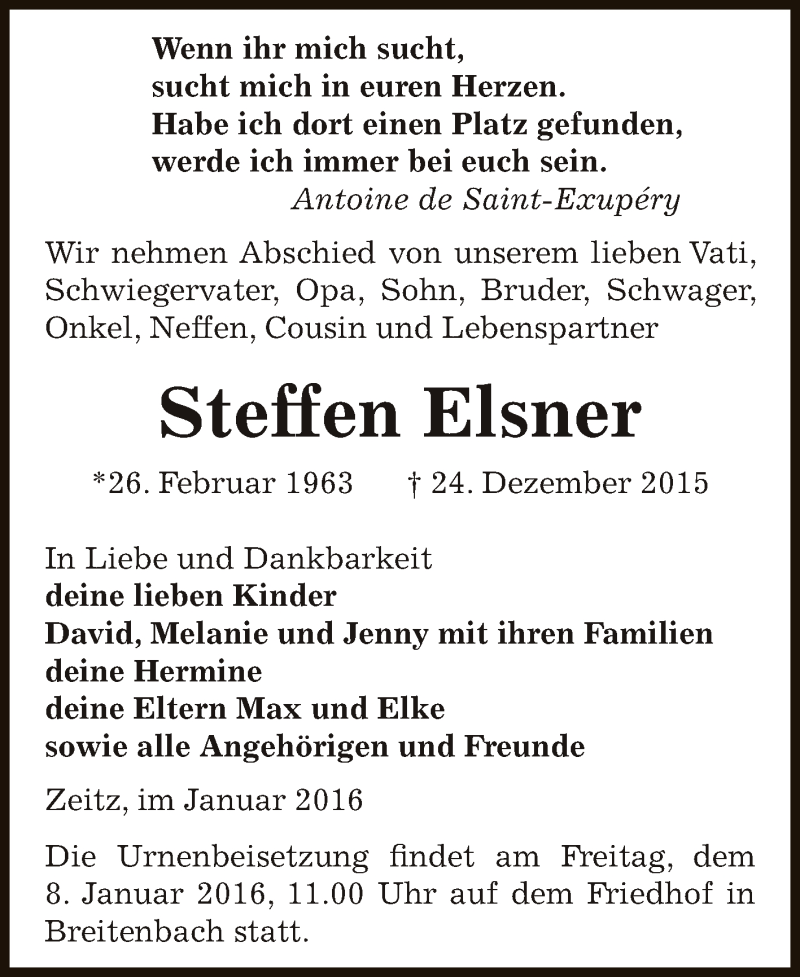  Traueranzeige für Steffen Elsner vom 02.01.2016 aus Super Sonntag Zeitz