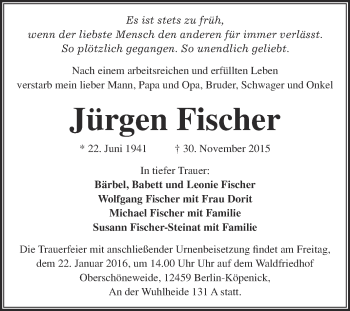 Traueranzeige von Jürgen Fischer von Super Sonntag Quedlinburg