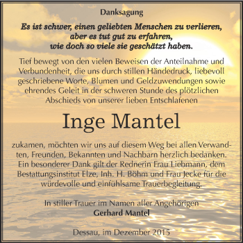 Traueranzeige von Inge Mantel von WVG - Wochenspiegel Dessau / Köthen