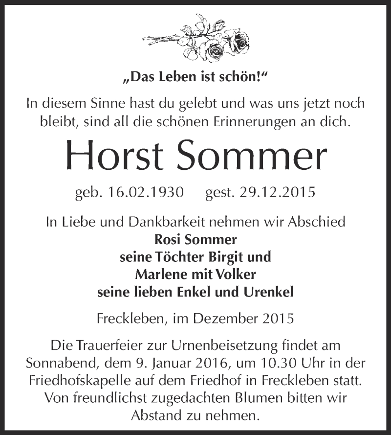  Traueranzeige für Horst Sommer vom 06.01.2016 aus WVG - Wochenspiegel Bernburg