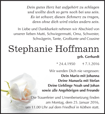 Traueranzeige von Stephanie Hoffmann von Mitteldeutsche Zeitung Köthen