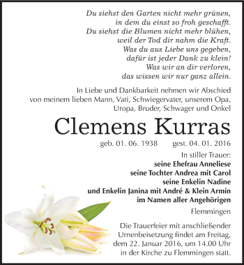 Traueranzeige von Clemens Kurras von Mitteldeutsche Zeitung Naumburg/Nebra