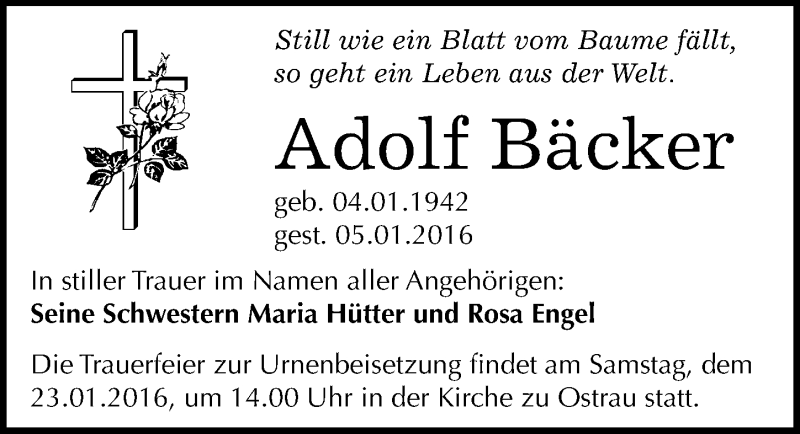  Traueranzeige für Adolf Bäcker vom 13.01.2016 aus Mitteldeutsche Zeitung Halle/Saalkreis