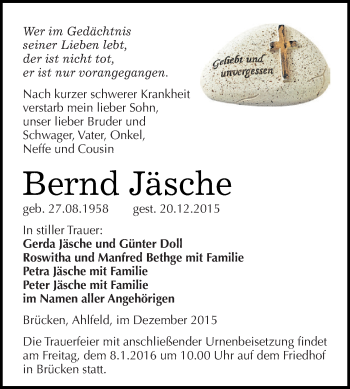 Traueranzeige von Bernd Jäsche von Super Sonntag SGH Mansf. Land