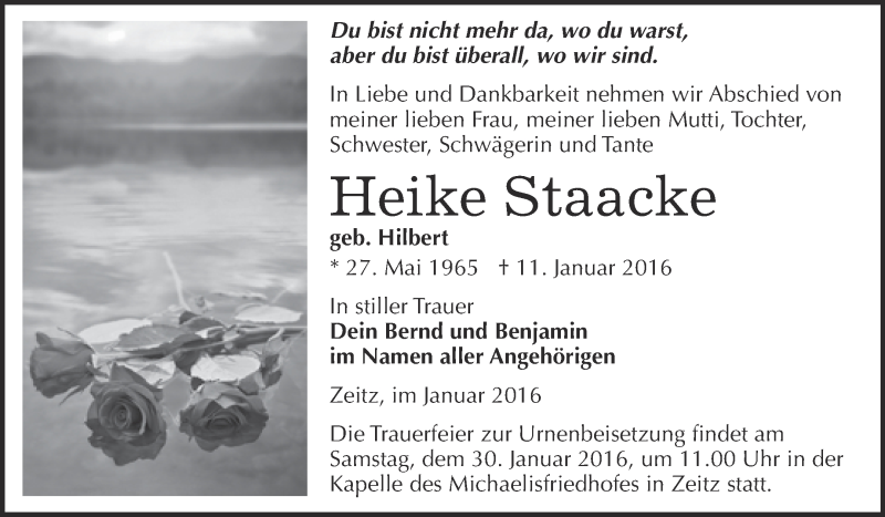  Traueranzeige für Heike Staacke vom 16.01.2016 aus Super Sonntag Zeitz