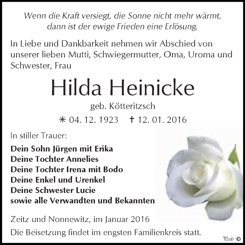  Traueranzeige für Hilda Heinicke vom 16.01.2016 aus Super Sonntag Zeitz