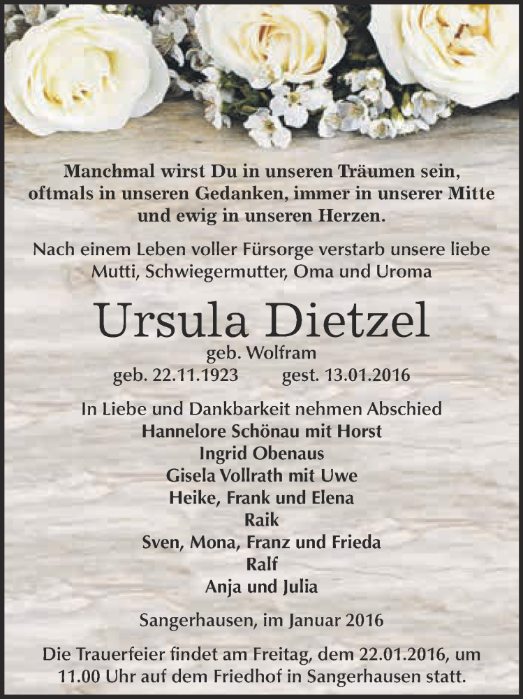  Traueranzeige für Ursula Dietzel vom 16.01.2016 aus Super Sonntag SGH Mansf. Land