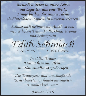 Traueranzeige von Edith Sehmisch von WVG - Wochenspiegel Dessau / Köthen