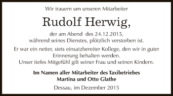 Traueranzeige von Rudolf Herwig von Super Sonntag Dessau / Köthen
