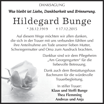 Traueranzeige von Hildegard Bunge von WVG - Wochenspiegel Dessau / Köthen