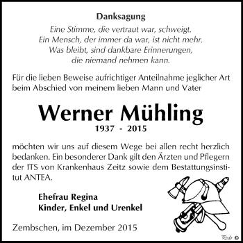 Traueranzeige von Werner Mühling von WVG - Wochenspiegel NMB / WSF / ZTZ