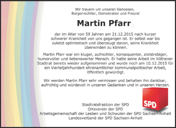 Traueranzeige von Martin Pfarr von WVG - Wochenspiegel Dessau / Köthen