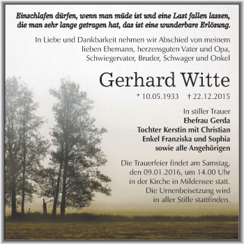 Traueranzeige von Gerhard Witte von WVG - Wochenspiegel Dessau / Köthen