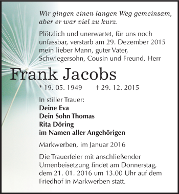 Traueranzeige von Frank Jacobs von Mitteldeutsche Zeitung Weißenfels