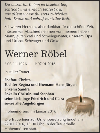 Traueranzeige von Werner Röbel von WVG - Wochenspiegel NMB / WSF / ZTZ