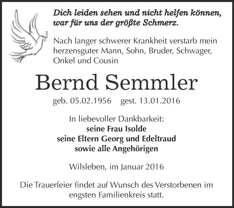  Traueranzeige für Bernd Semmler vom 20.01.2016 aus Super Sonntag Aschersleben