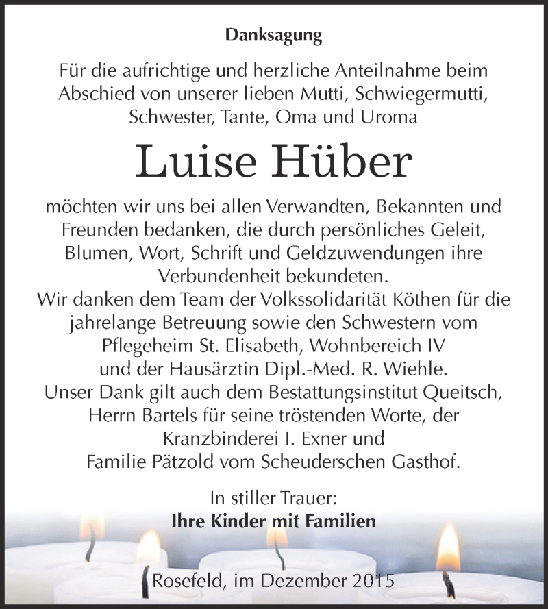  Traueranzeige für Luise Hüber vom 02.01.2016 aus WVG - Wochenspiegel Dessau / Köthen