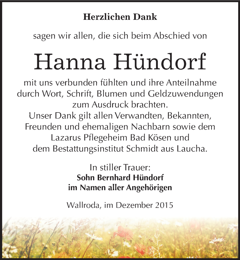  Traueranzeige für Hanna Hündorf vom 09.01.2016 aus Mitteldeutsche Zeitung Naumburg/Nebra