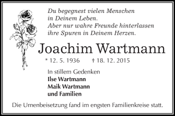 Traueranzeige von Joachim Wartmann von WVG - Wochenspiegel Dessau / Köthen