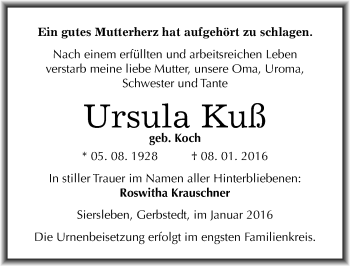 Traueranzeige von Ursula Kuß von Mitteldeutsche Zeitung Mansfelder Land