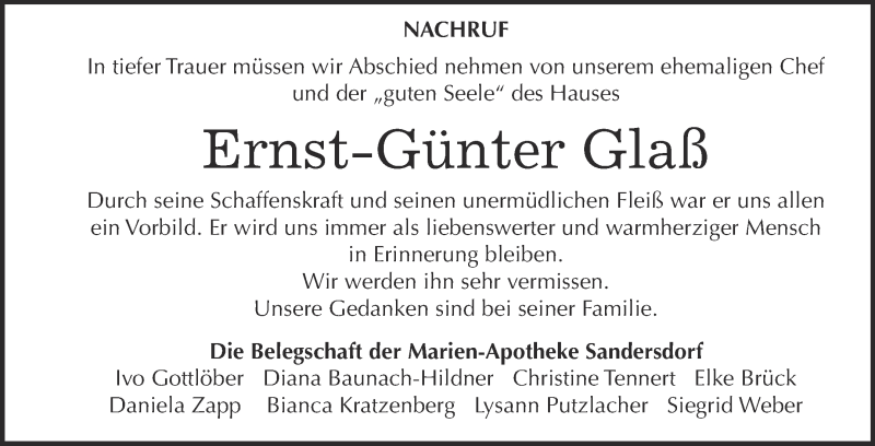  Traueranzeige für Ernst-Günter Glaß vom 06.01.2016 aus WVG - Wochenspiegel Bitterfeld