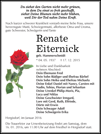 Traueranzeige von Renate Eiternick von Wochenspiegel Mansfelder Land