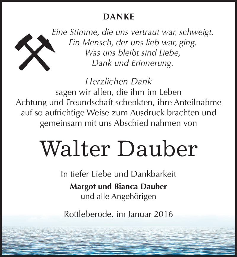  Traueranzeige für Walter Dauber vom 12.01.2016 aus Mitteldeutsche Zeitung Sangerhausen