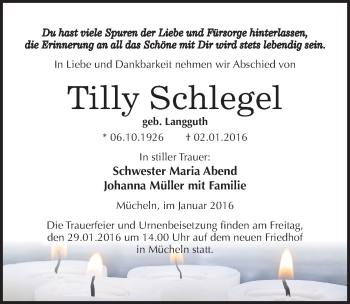 Traueranzeige von Tilly Schlegel von Mitteldeutsche Zeitung Merseburg/Querfurt